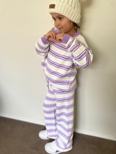 Stripey Knitted Jumper & Flared Pants Set - Lilac