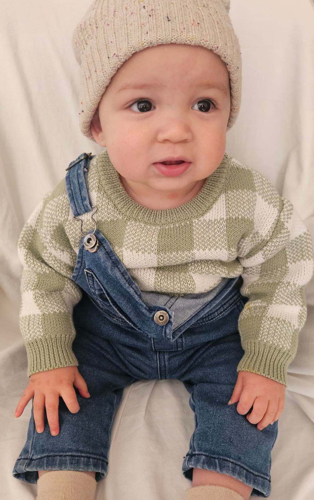 Gingham Knitted Romper - Olive Green