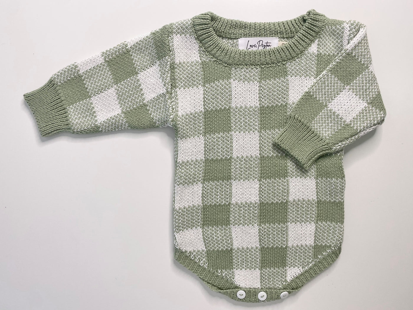 Gingham Knitted Romper - Olive Green