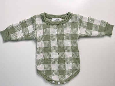 Gingham Knitted Romper - Olive Green