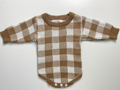 Gingham Knitted Romper - Chocolate Brown