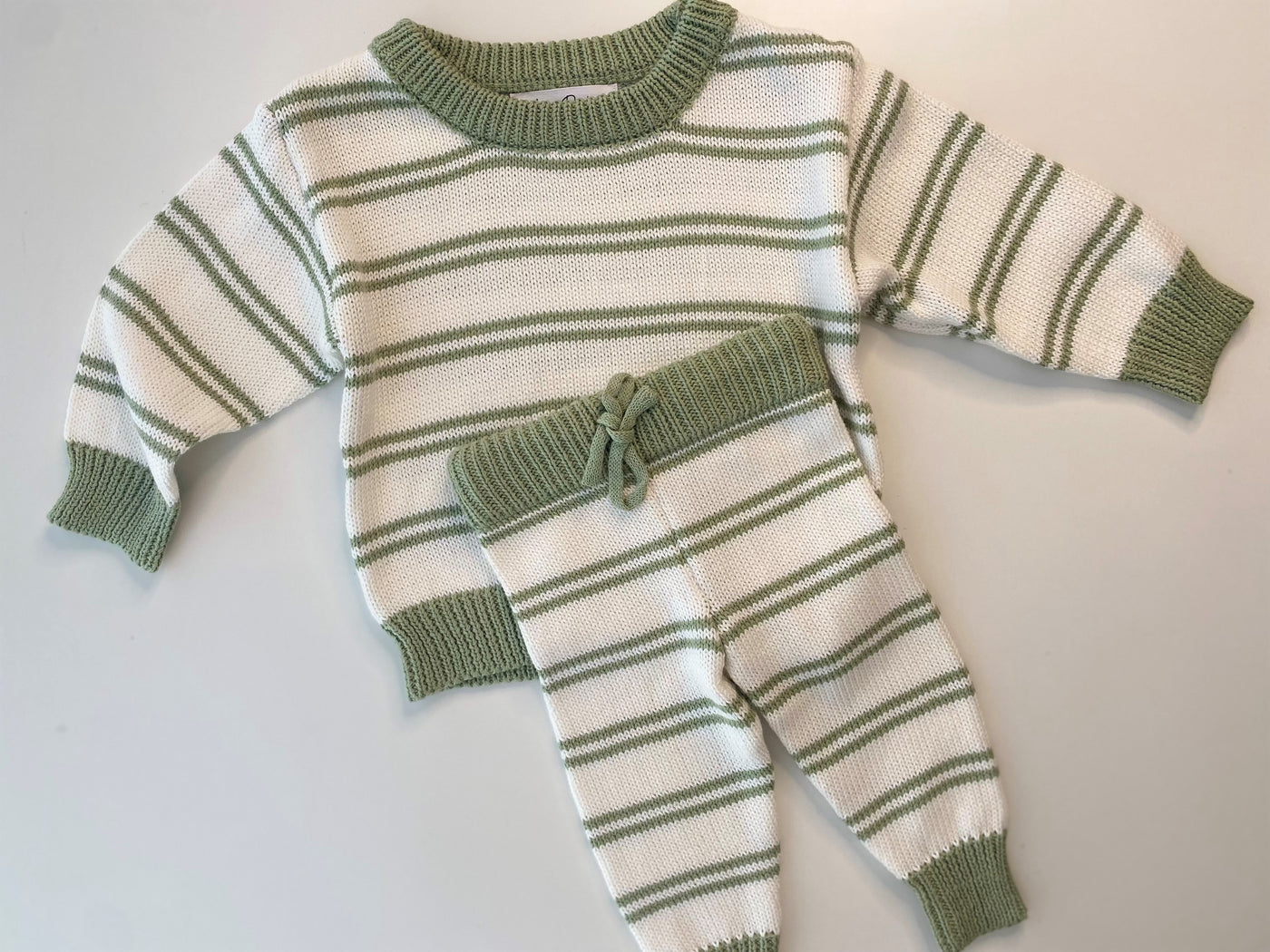 Stripey Knitted Jumper & Pants Set - Olive Green